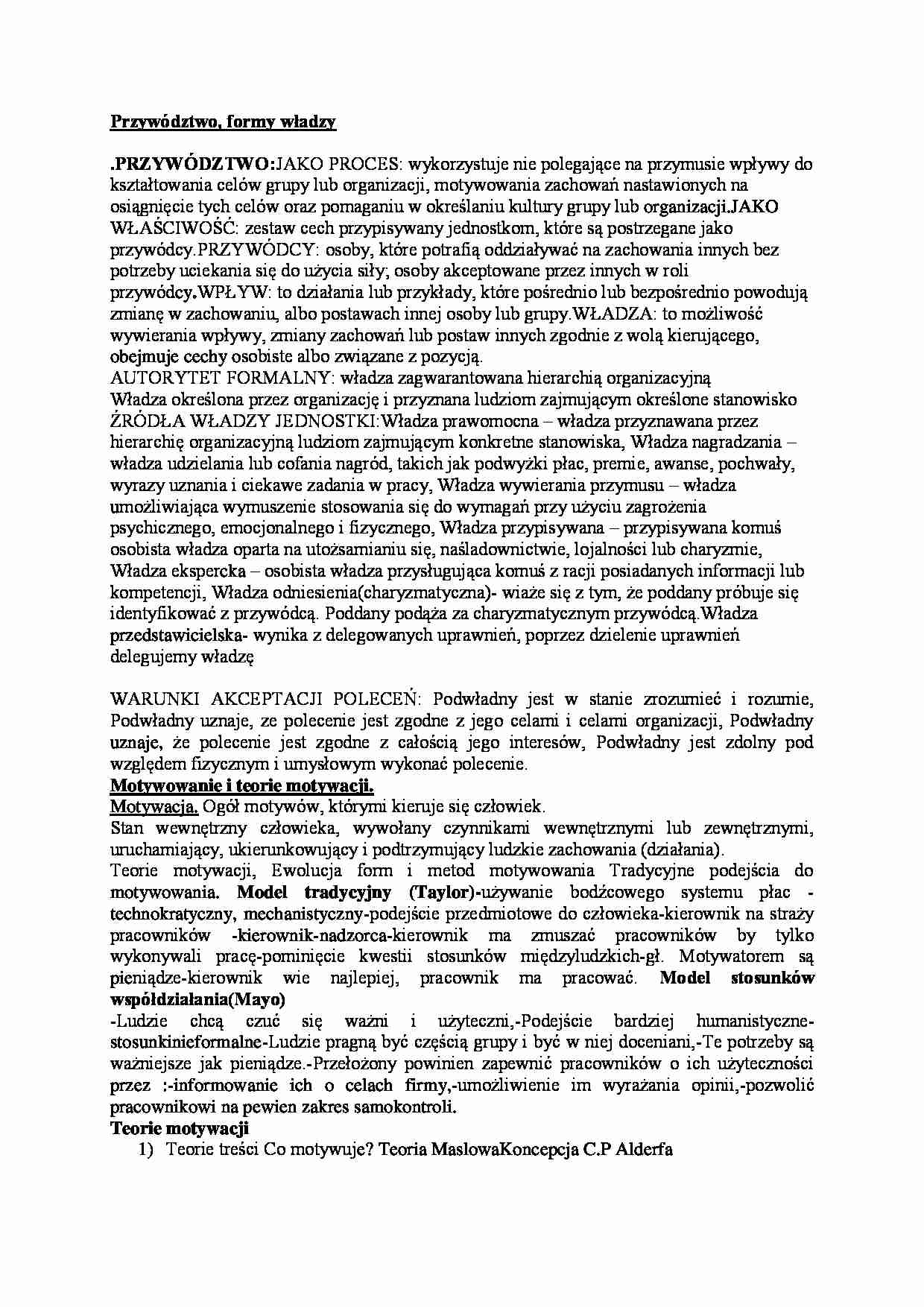 Przywództwo i motywowanie-opracowanie - strona 1