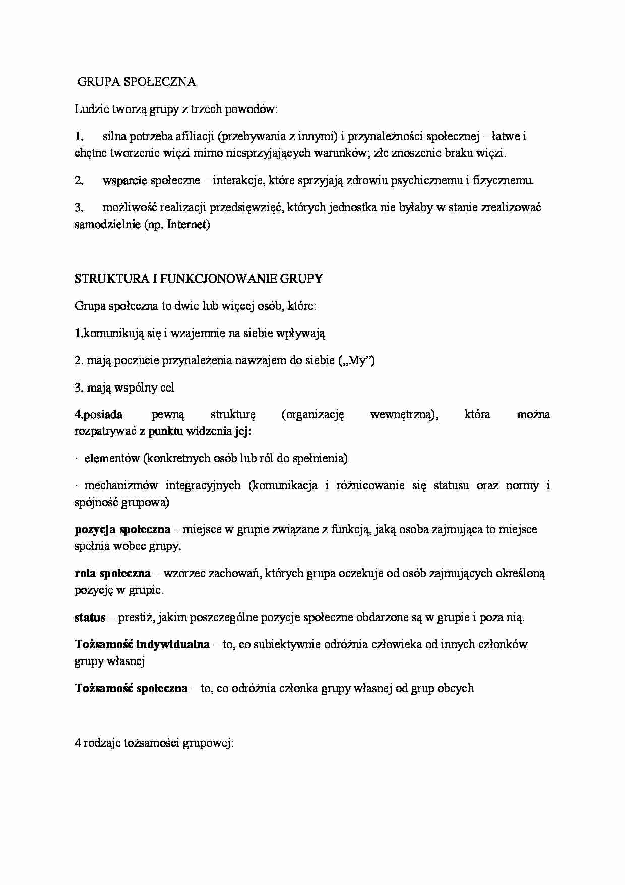 Grupa społeczna-opracowanie - STRUKTURA I FUNKCJONOWANIE GRUPY  - strona 1