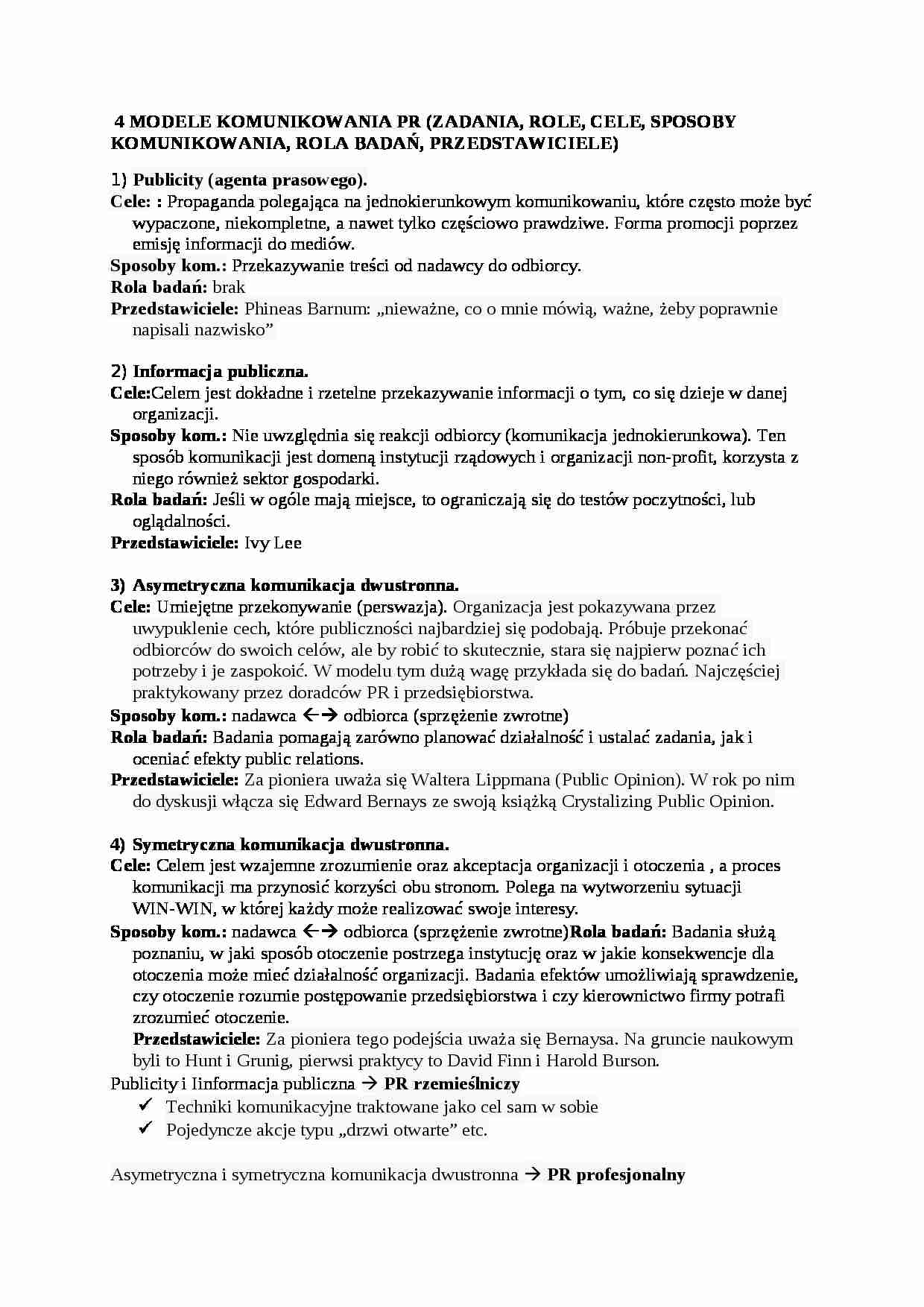 Cztery modele komunikowania PR-opracowanie - strona 1
