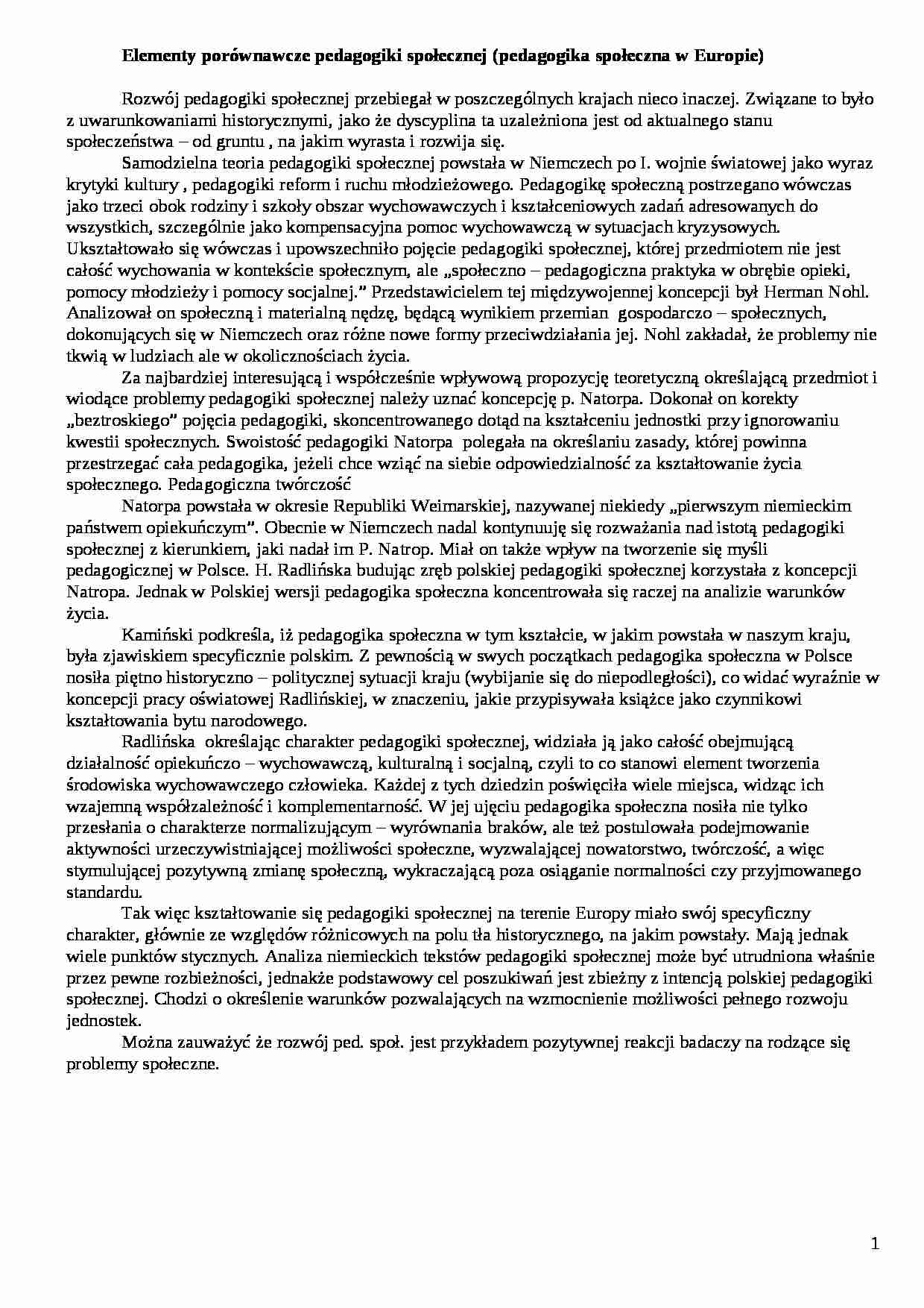 Elementy porównawcze pedagogiki społecznej-opracowanie - strona 1