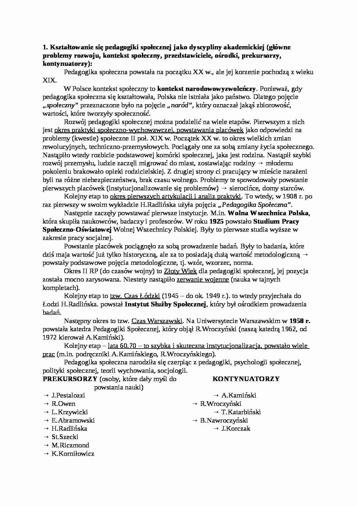 Kształtowanie się pedagogiki społecznej jako dyscypliny akademickiej-opracowanie - strona 1