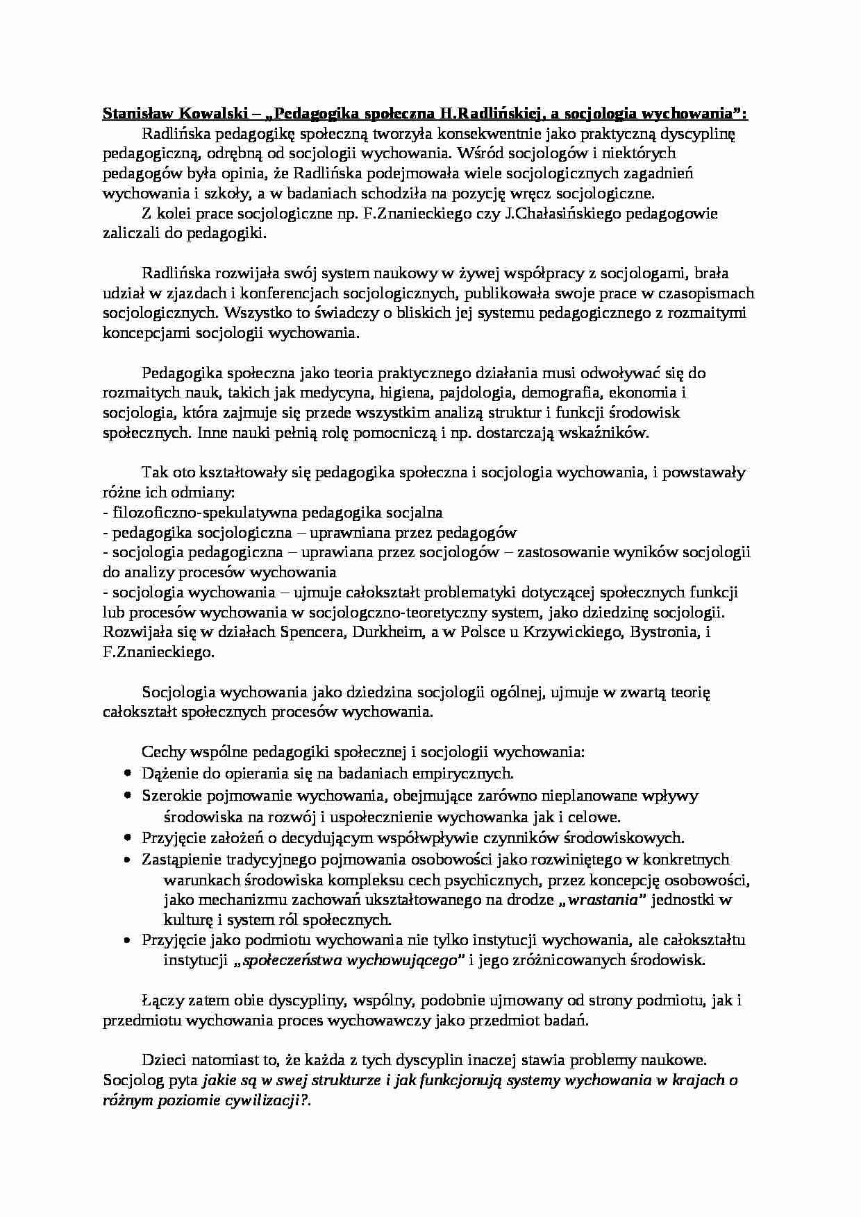 Pedagogika społeczna H.Radlińskiej, a socjologia wychowania-opracowanie - strona 1