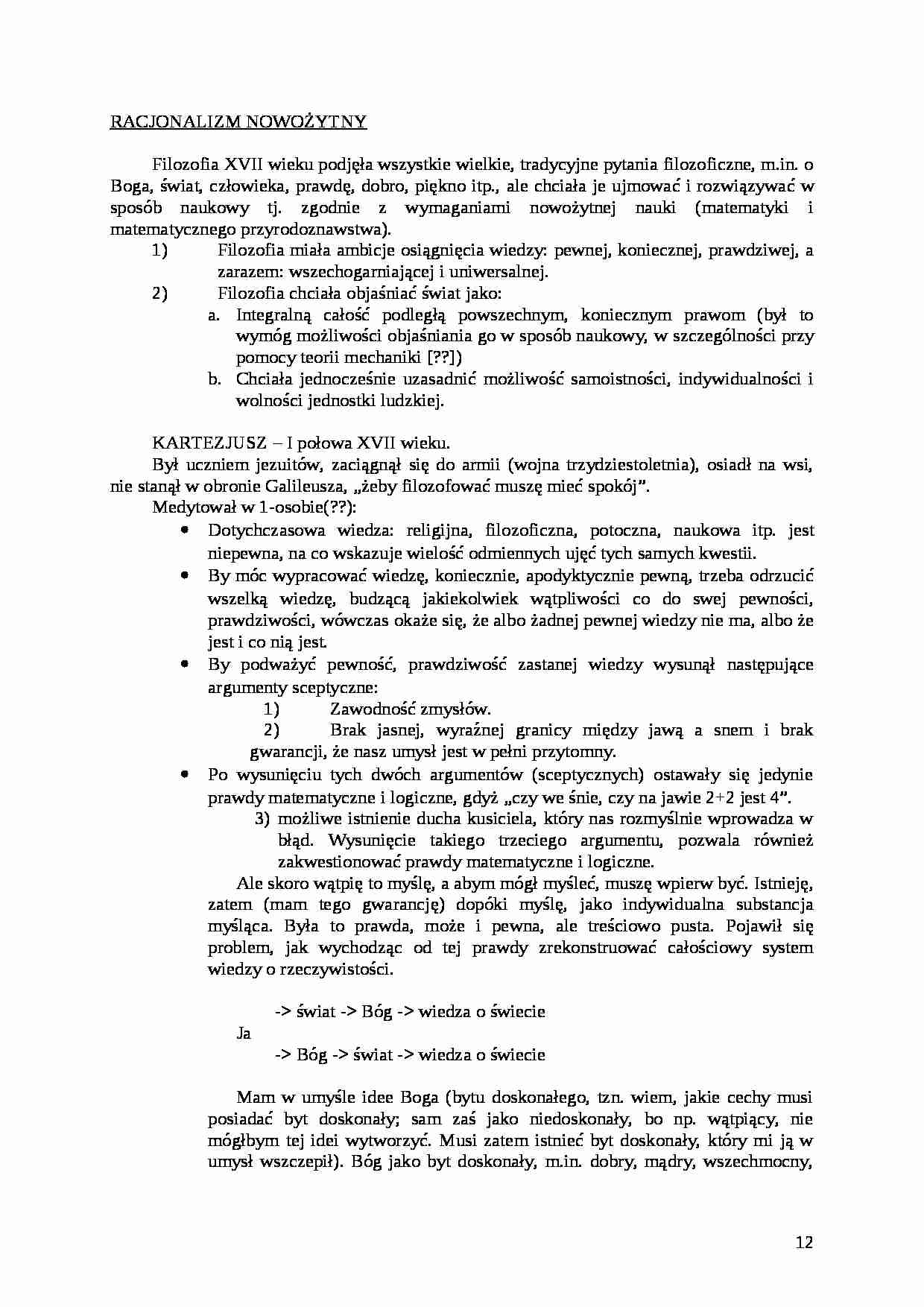 Kartezjusz-opracowanie - RACJONALIZM NOWOŻYTNY - strona 1