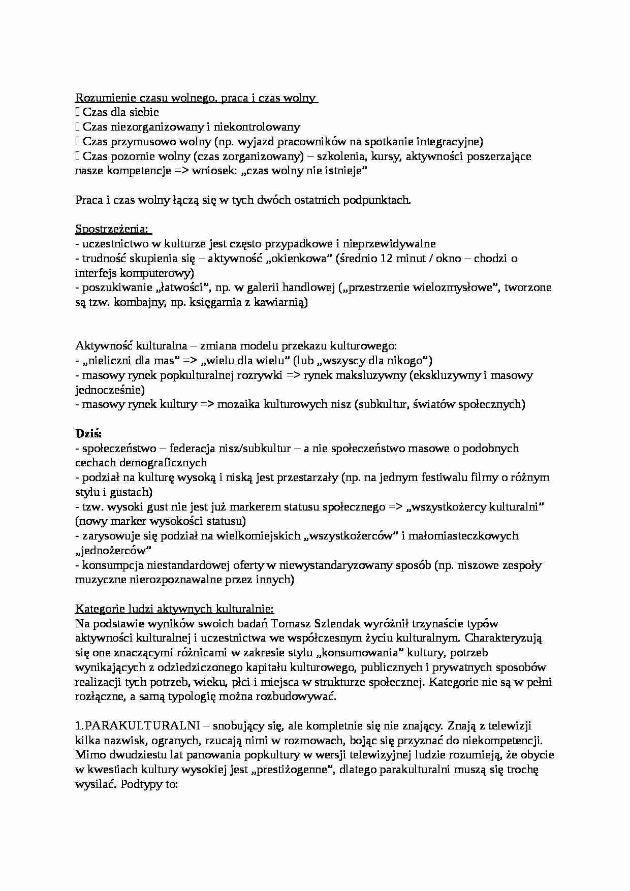 Czas wolny i kategorie ludzi aktywnych kulturalnie-opracowanie - strona 1