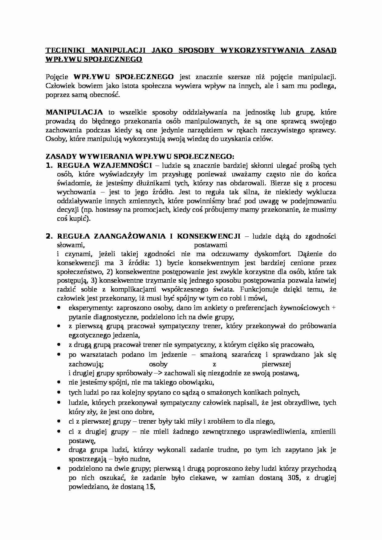 Techniki manipulacji jako sposoby wykorzystywania zasad wpływu społecznego-opracowanie - strona 1