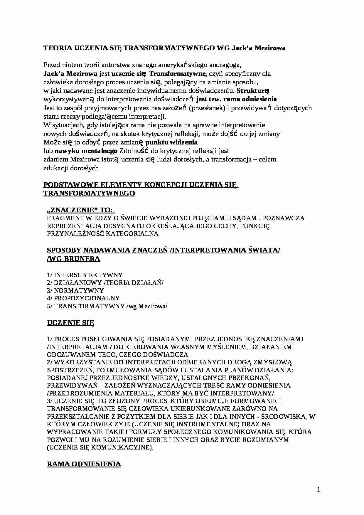 Teoria uczenia się transformatywnego wg Jacka Mezirowa-opracowanie - strona 1