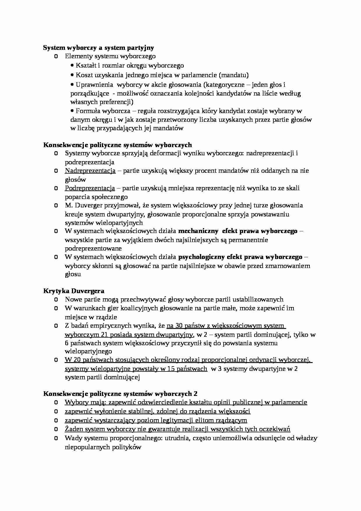 System wyborczy a system partyjny-opracowanie - strona 1