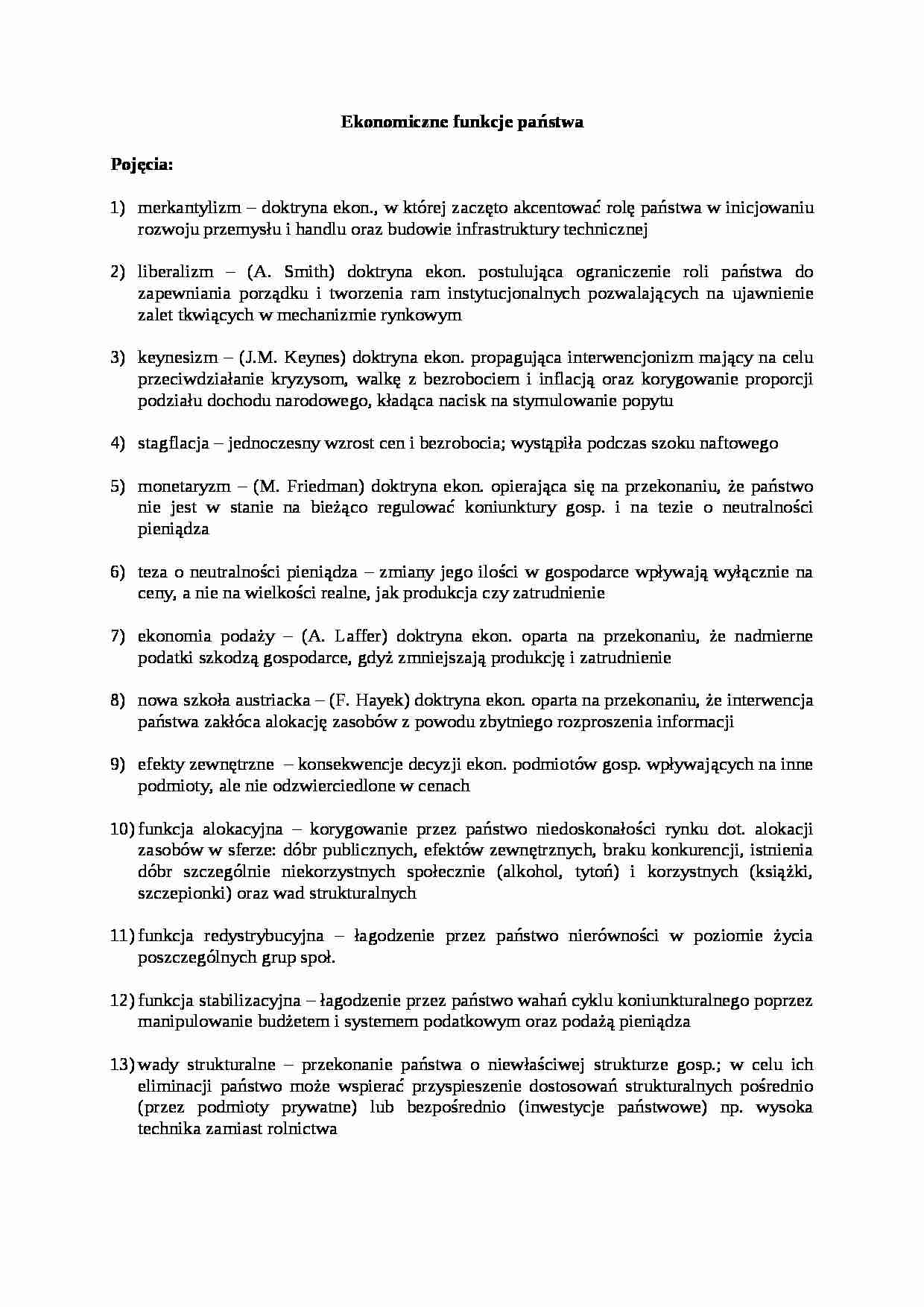 Ekonomiczne funkcje państwa-opracowanie - strona 1