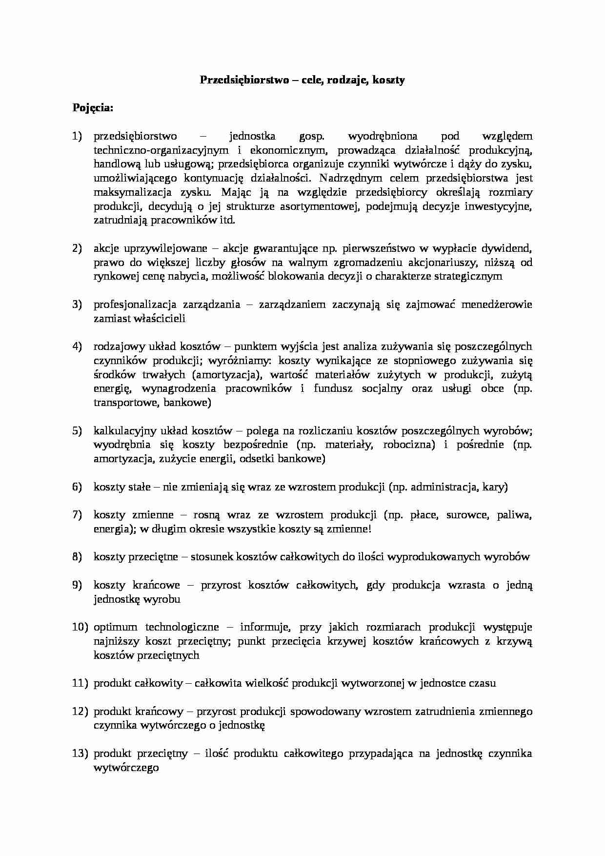 Przedsiębiorstwo-cele, rodzaje, koszty - strona 1