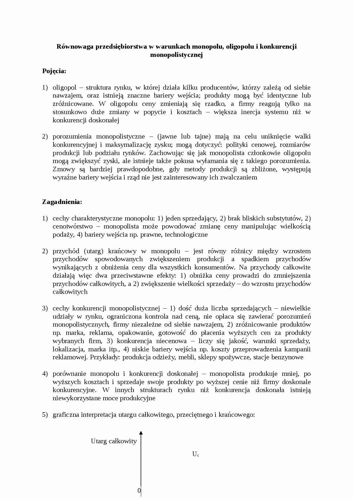 Równowaga przedsiębiorstwa w warunkach monopolu, oligopolu i konkurencji monopolistycznej-opracowanie - strona 1