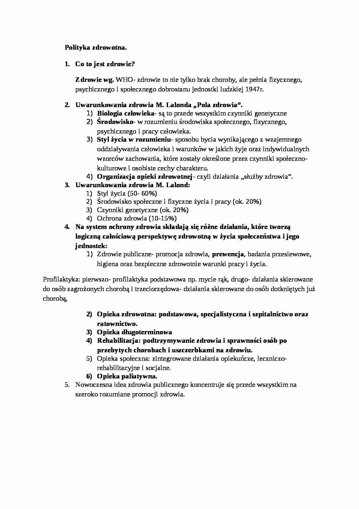 Polityka zdrowotna-opracowanie - strona 1
