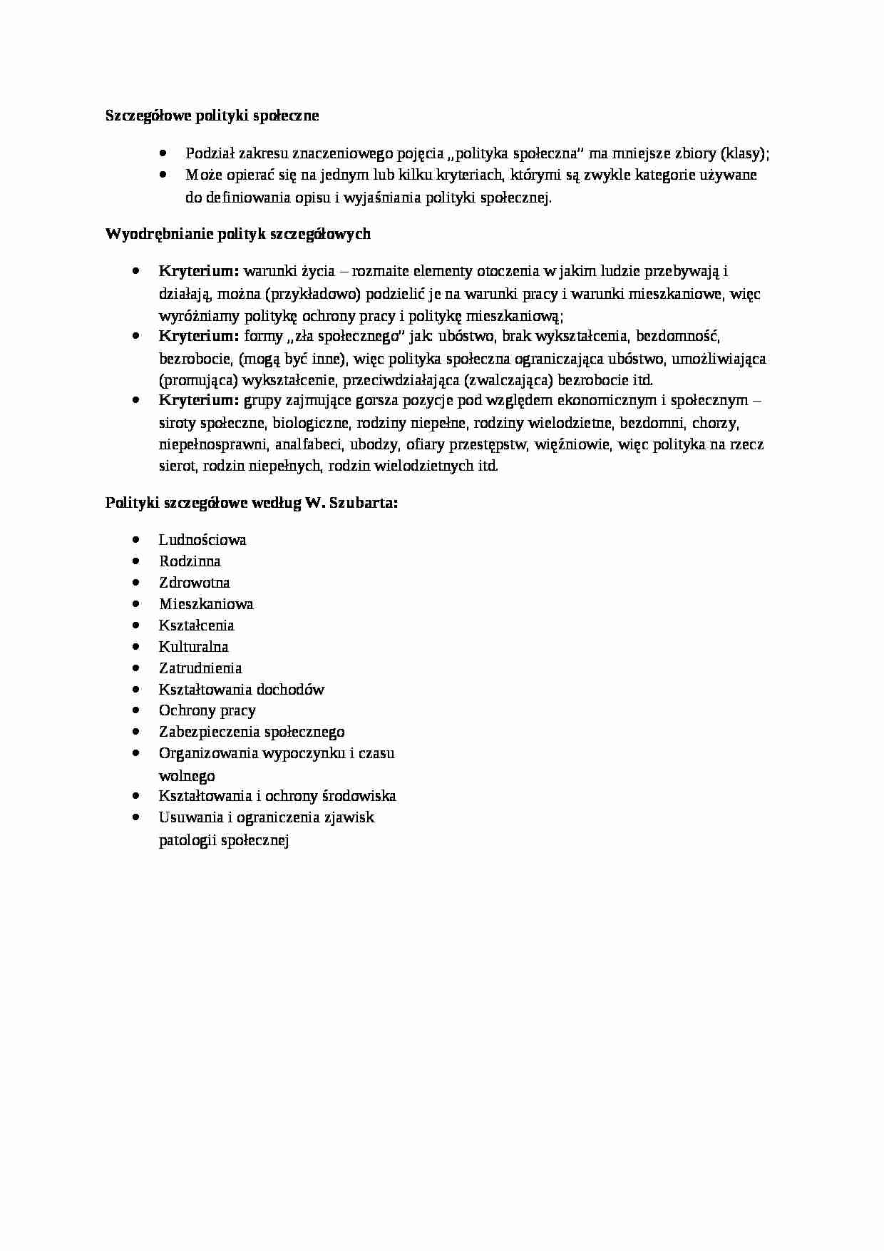 Szczegółowe polityki społeczne-opracowanie - strona 1