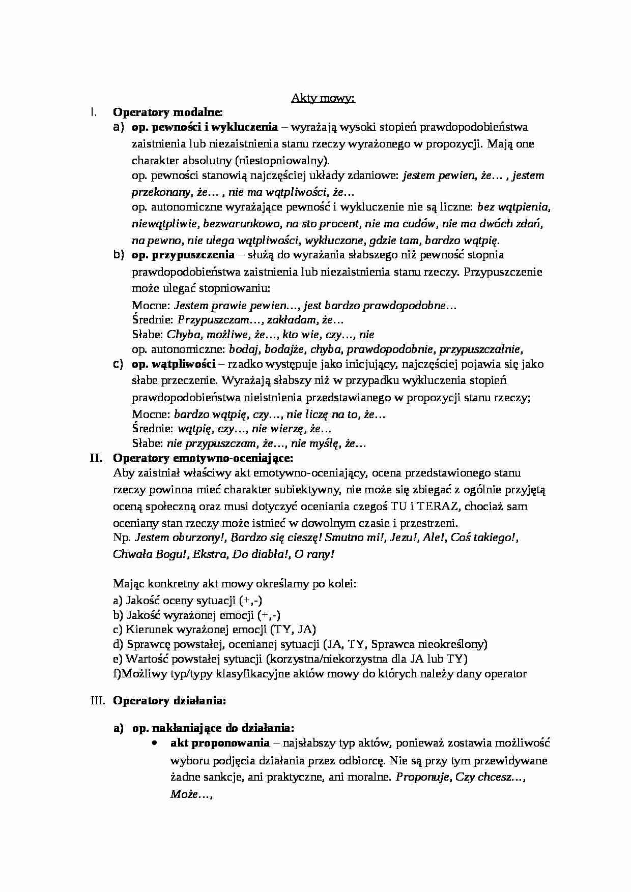 Operatory i warunki fortunności aktów mowy-opracowanie - strona 1