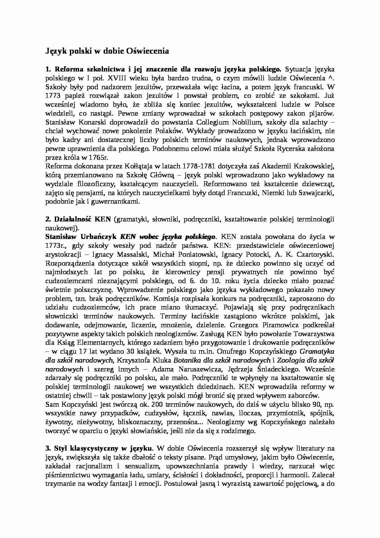 Język polski w dobie Oświecenia-opracowanie - strona 1