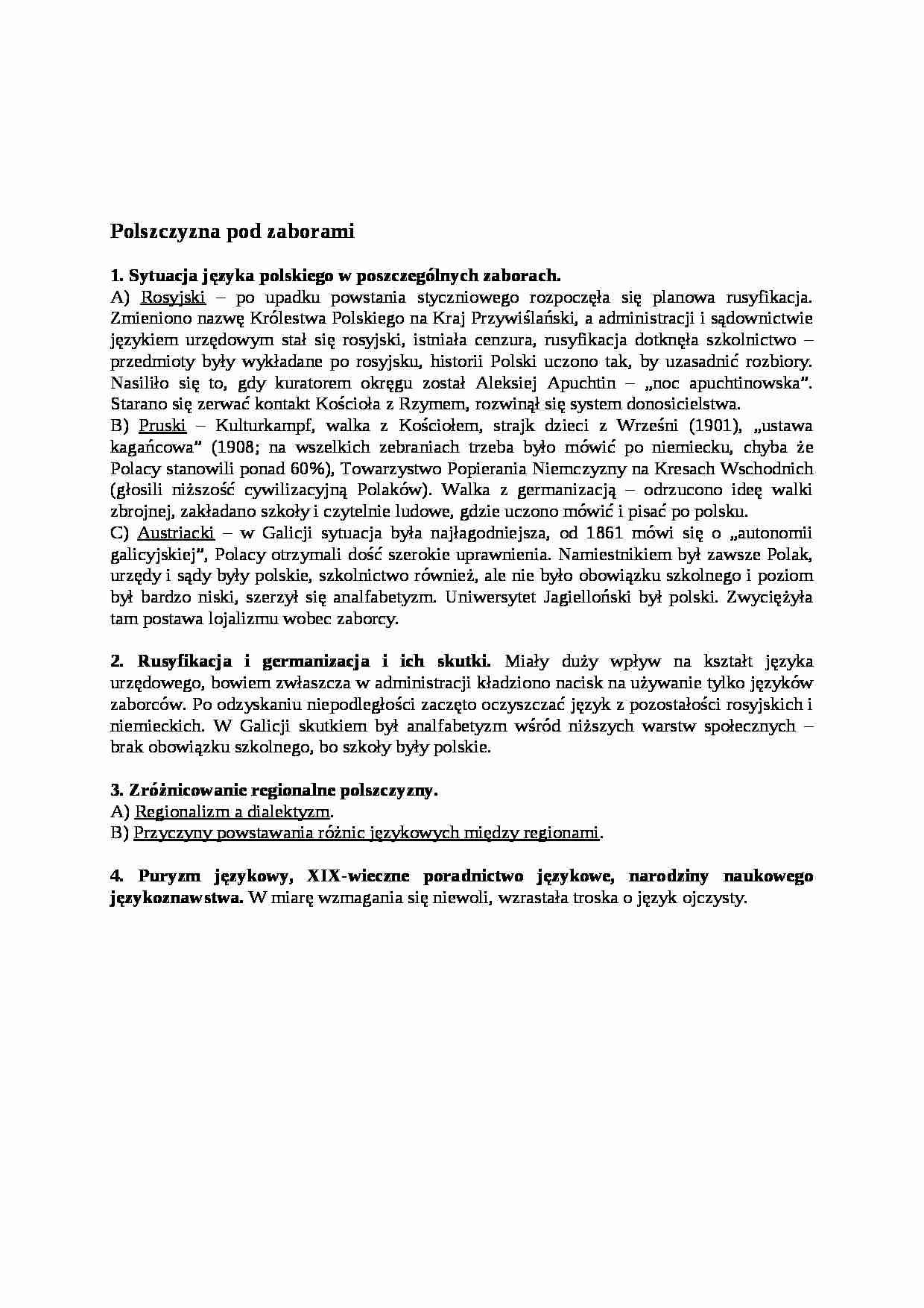 Polszczyzna pod zaborami-opracowanie - strona 1