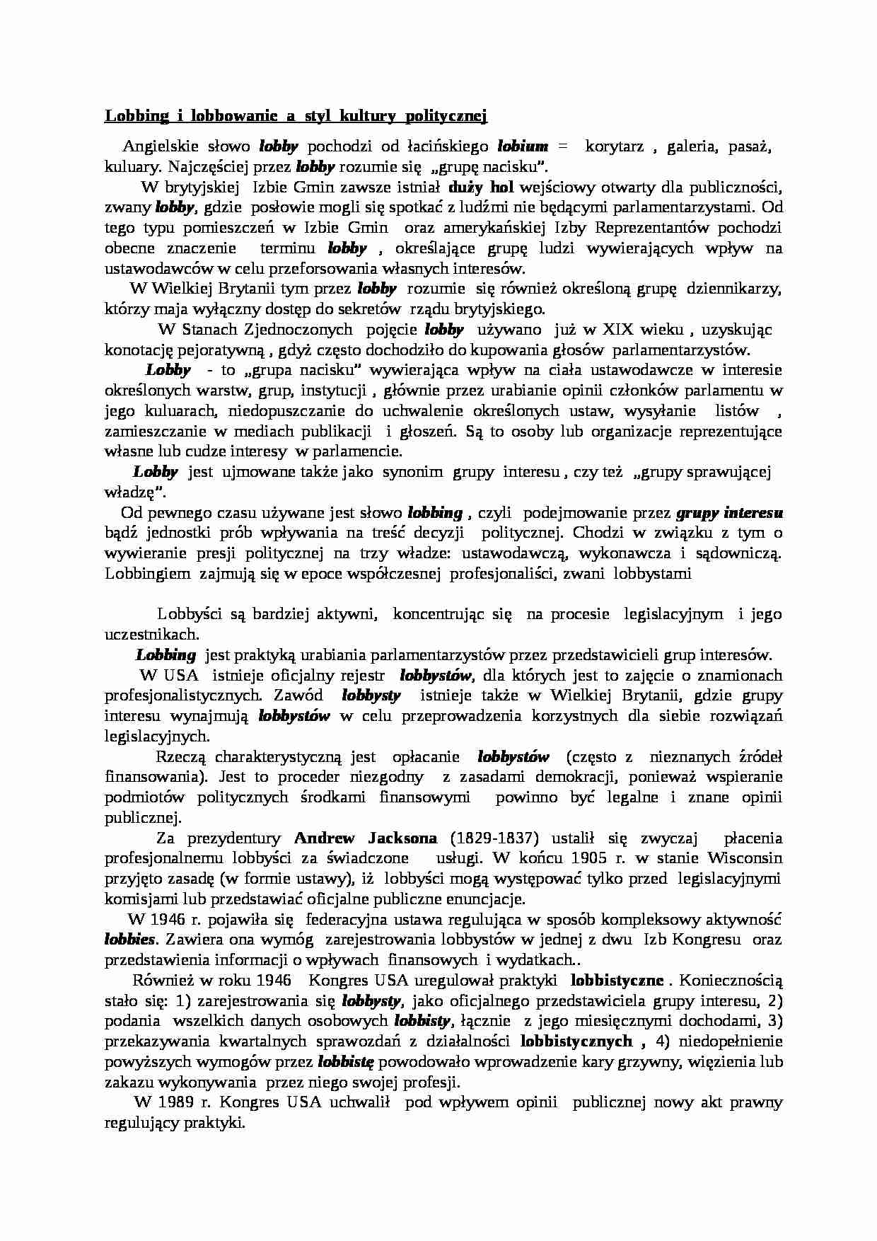 Lobbing i  lobbowanie a styl kultury politycznej-opracowanie - strona 1