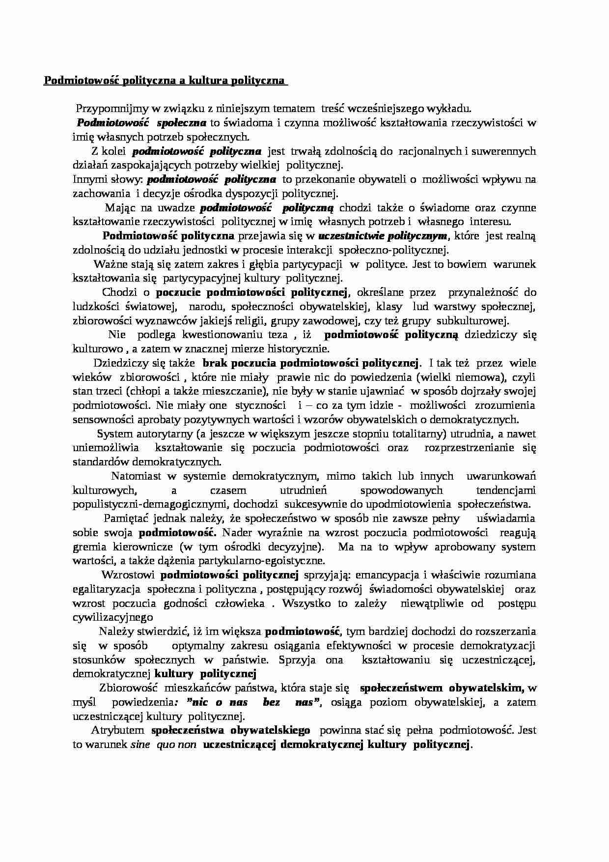Podmiotowość polityczna a kultura polityczna-opracowanie - strona 1