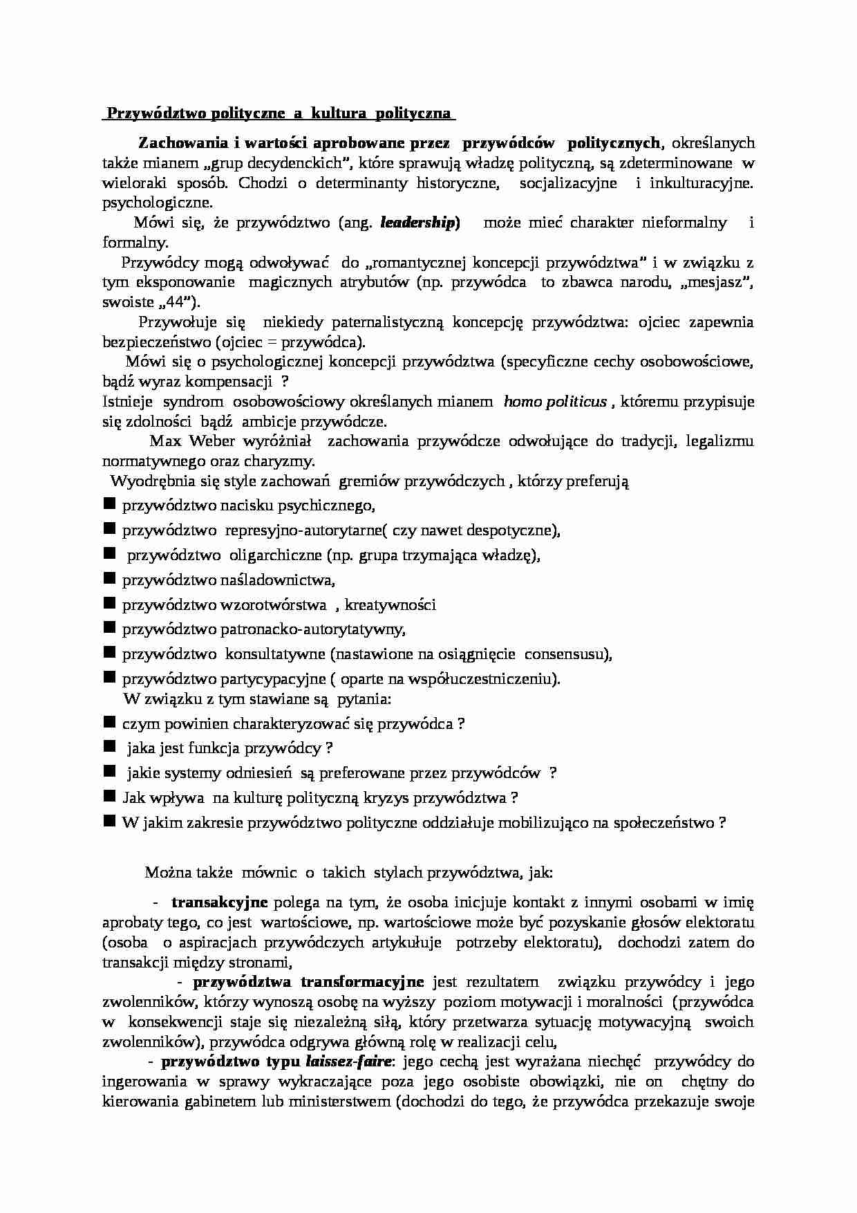 Przywództwo polityczne a kultura polityczna-opracowanie - strona 1
