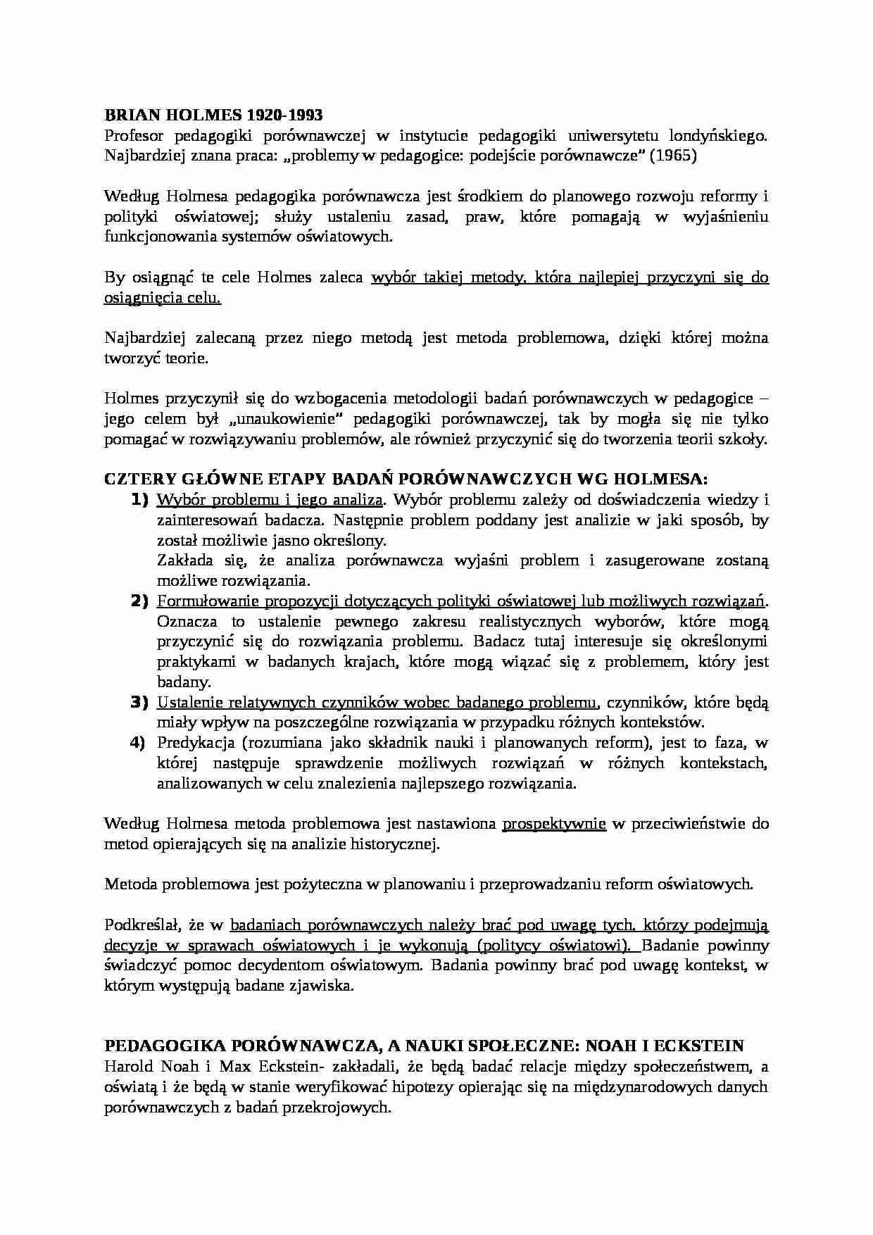 Badania porównawcze Holmesa, Noaha i Ecksteina, polska pedagogika porównawcza-opracowanie - strona 1