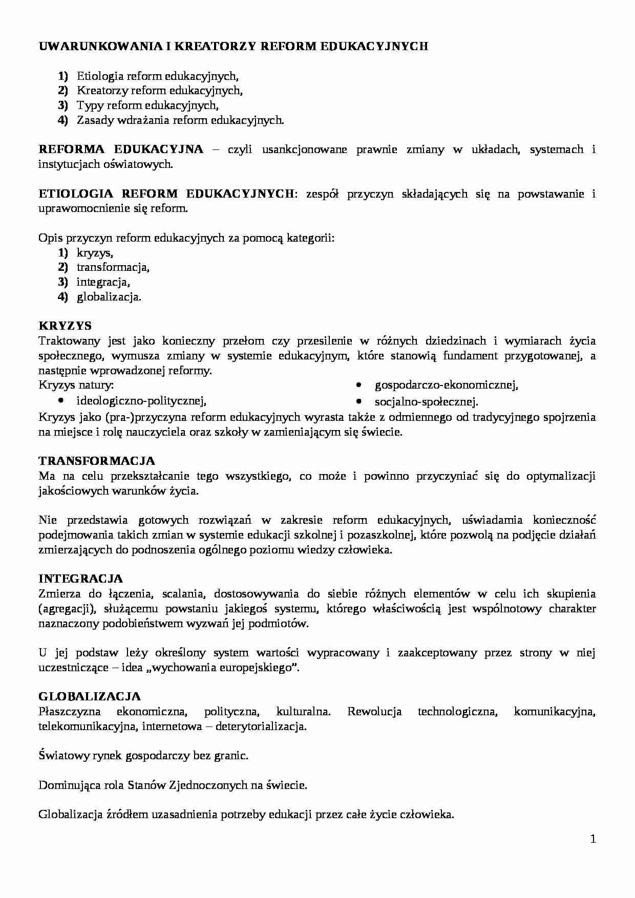 Uwarunkowania i kreatorzy reform edukacyjnych-opracowanie - strona 1