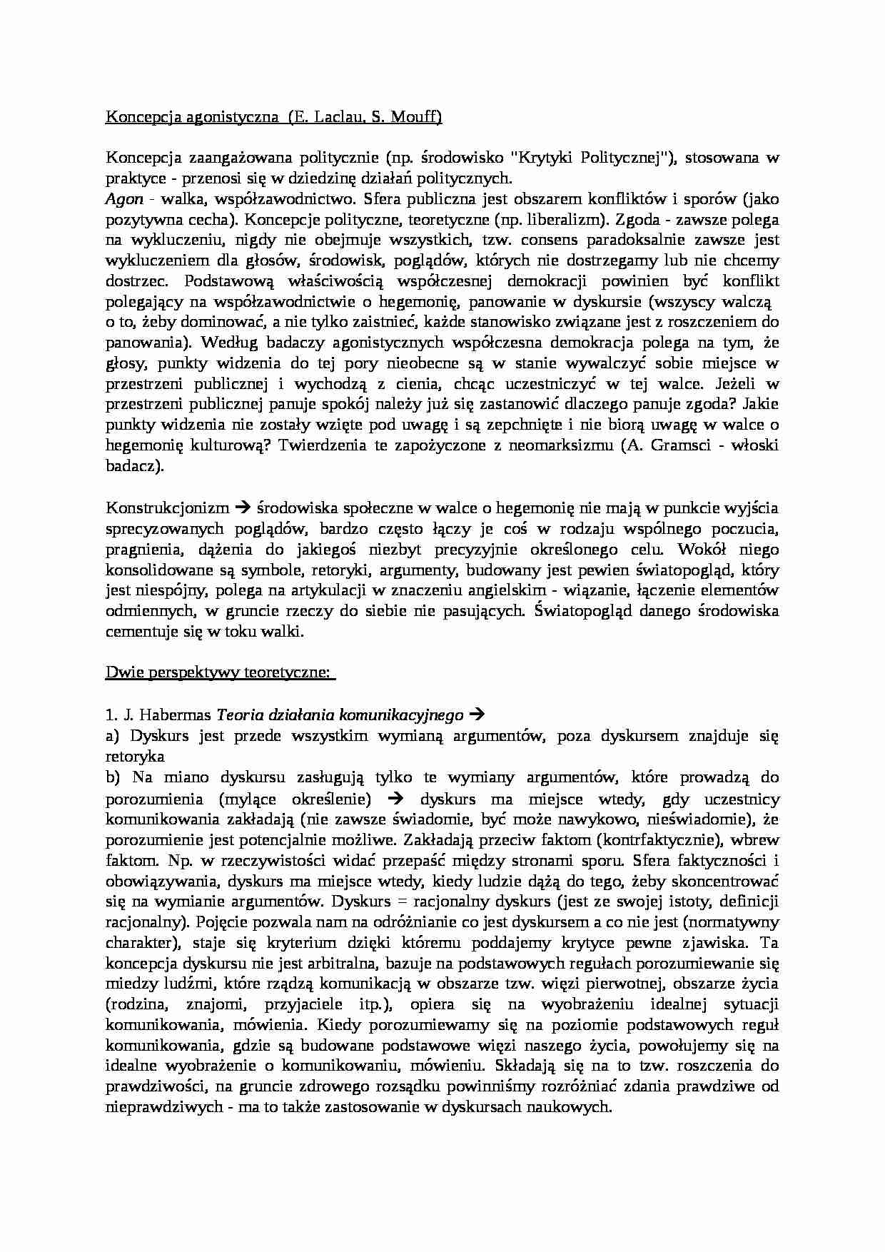 Koncepcja agonistyczna E. Laclau, S. Mouff i dwie perspektywy teoretyczne-opracowanie - strona 1