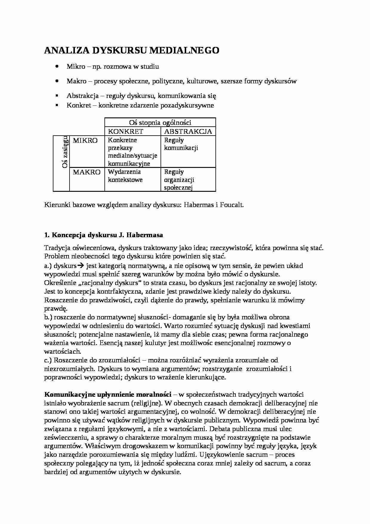 Koncepcja dyskursu wg Habermasa i Foucaulta-opracowanie - strona 1