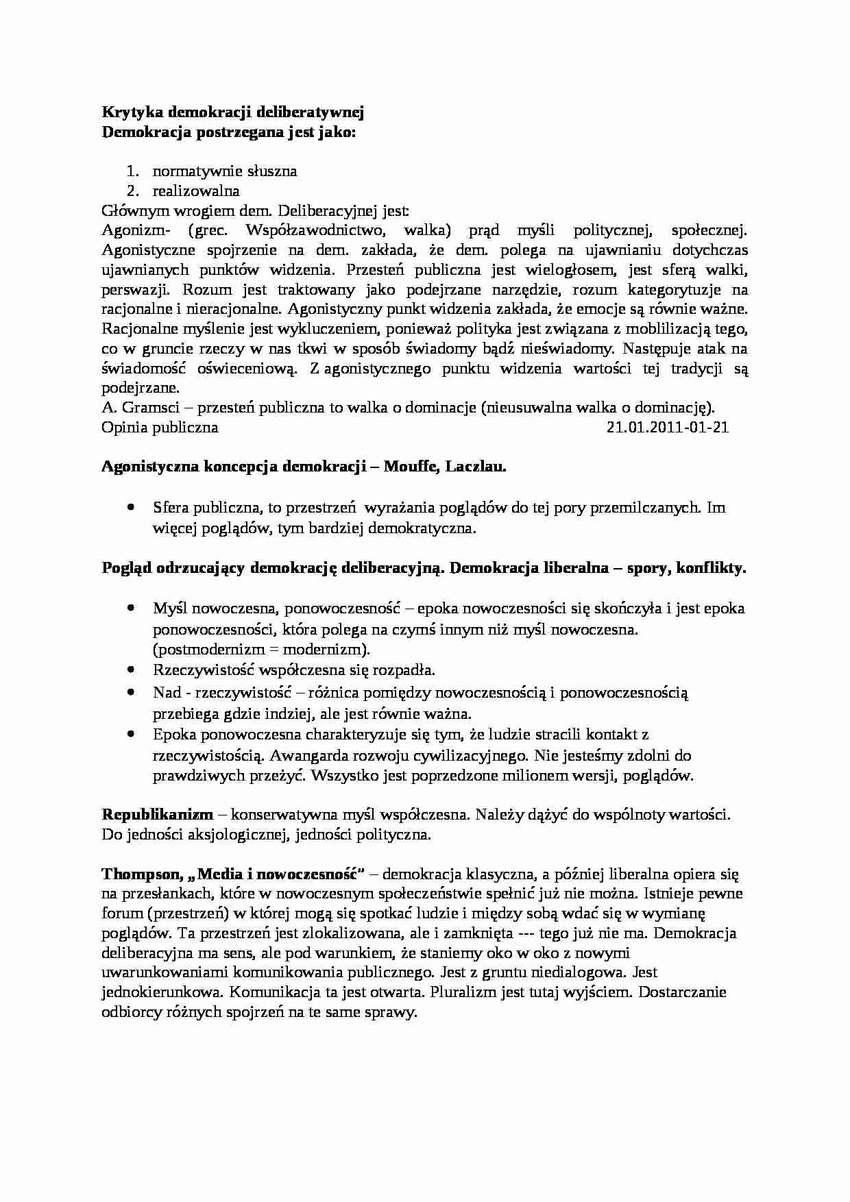 Krytyka demokracji deliberatywnej-opracowanie - strona 1