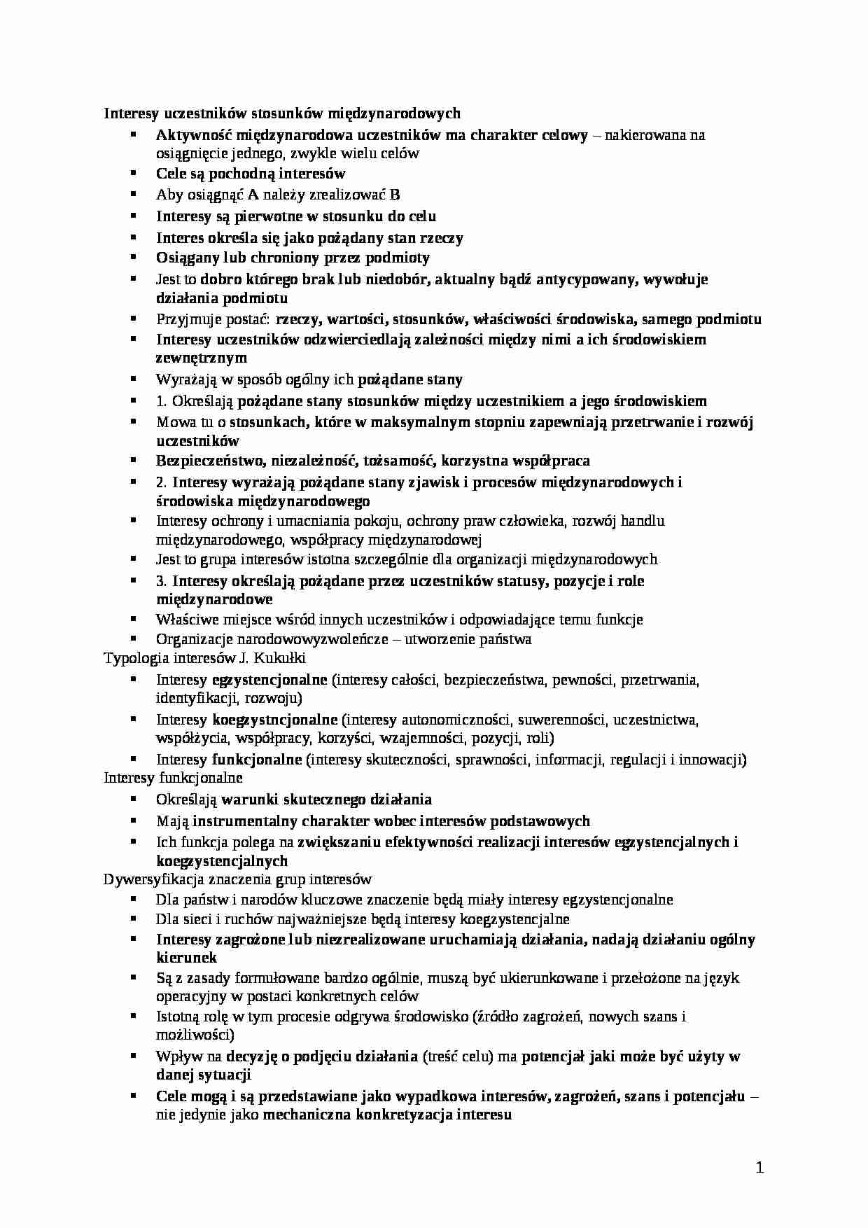 Interesy uczestników stosunków międzynarodowych-opracowanie - strona 1