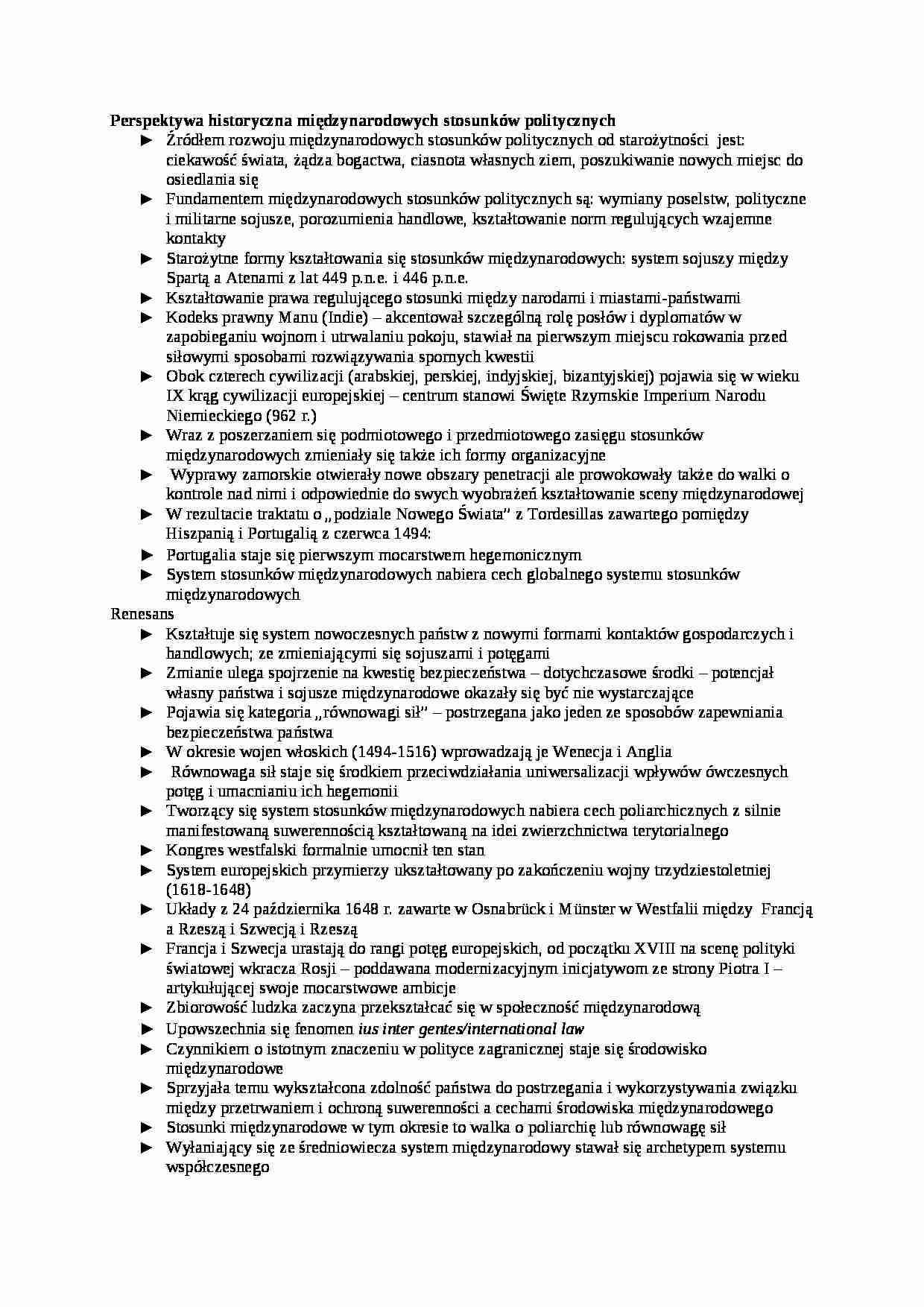 Perspektywa historyczna międzynarodowych stosunków politycznych-opracowanie - strona 1
