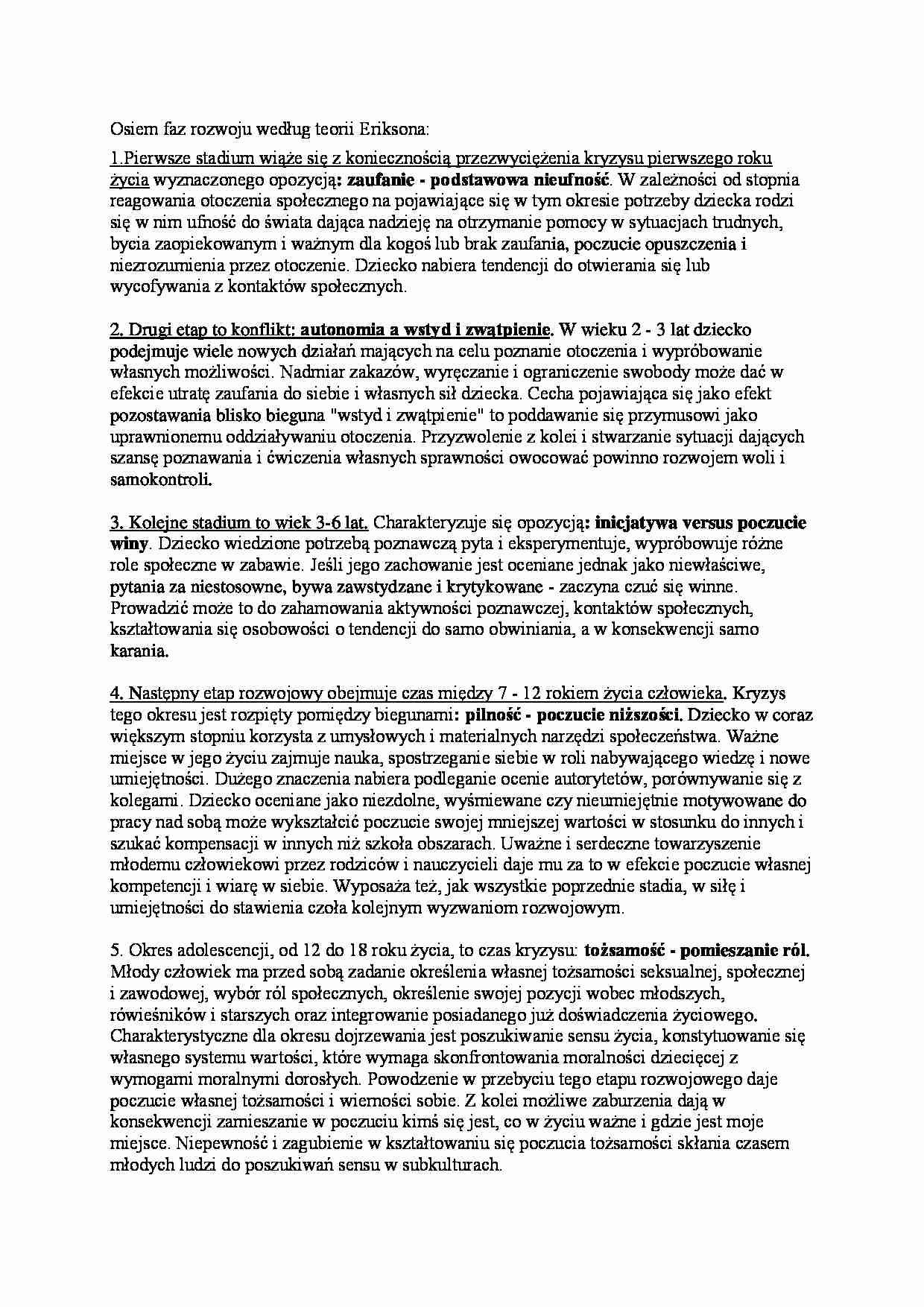 Osiem faz rozwoju według teorii Eriksona-opracowanie - strona 1