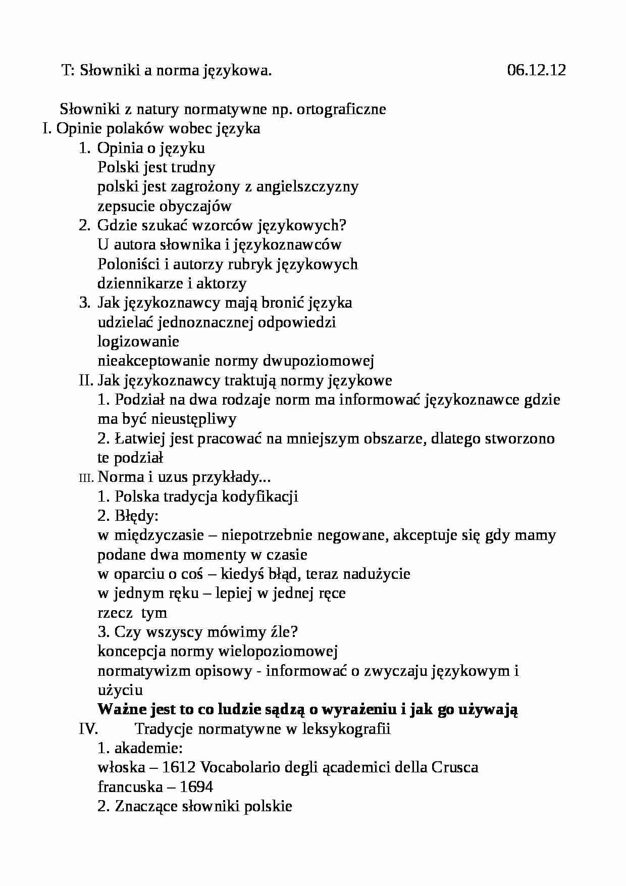 Słowniki a norma językowa - notatki z wykładu - strona 1