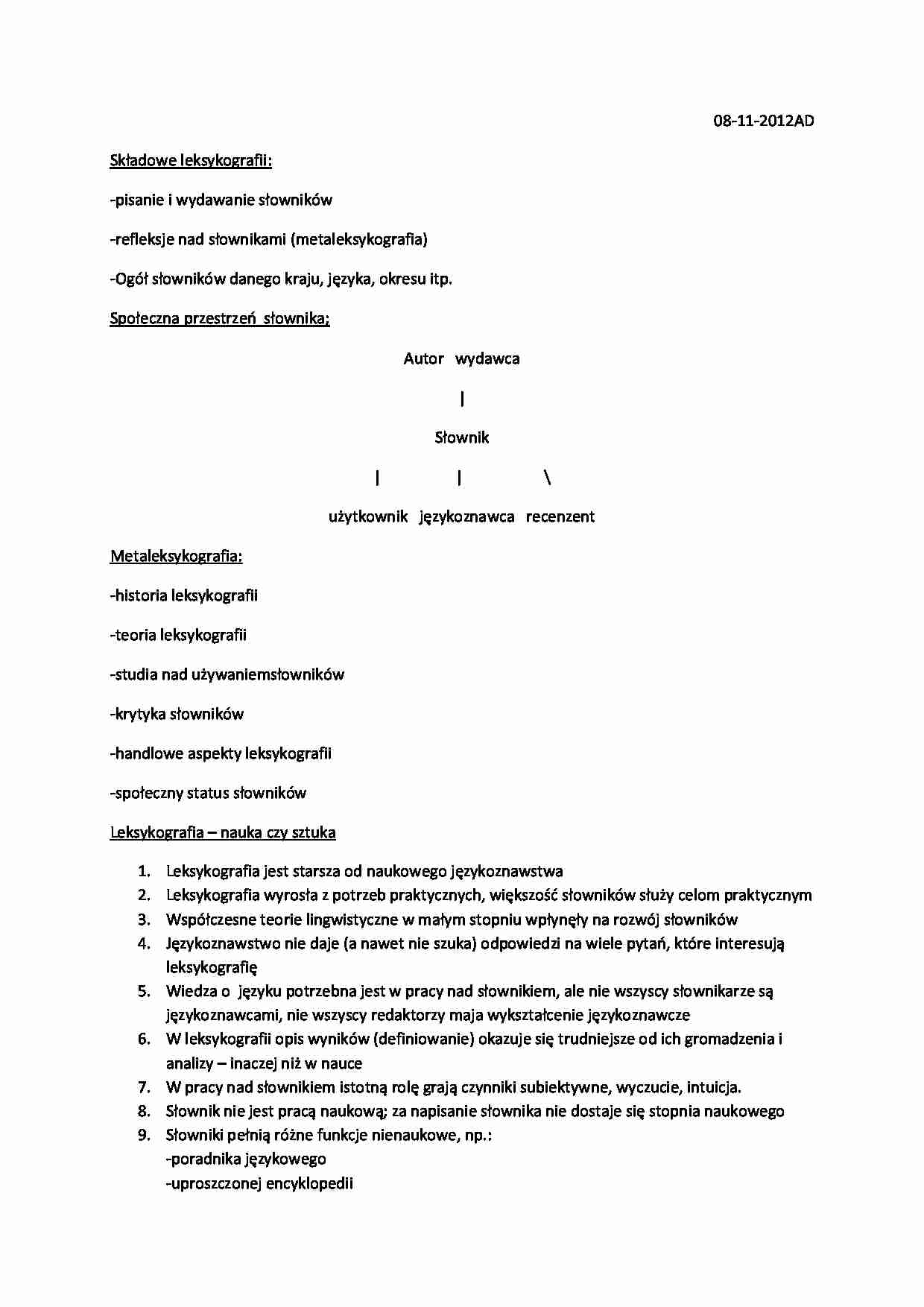 Wstęp do leksykografii - notatki z wykładu - strona 1