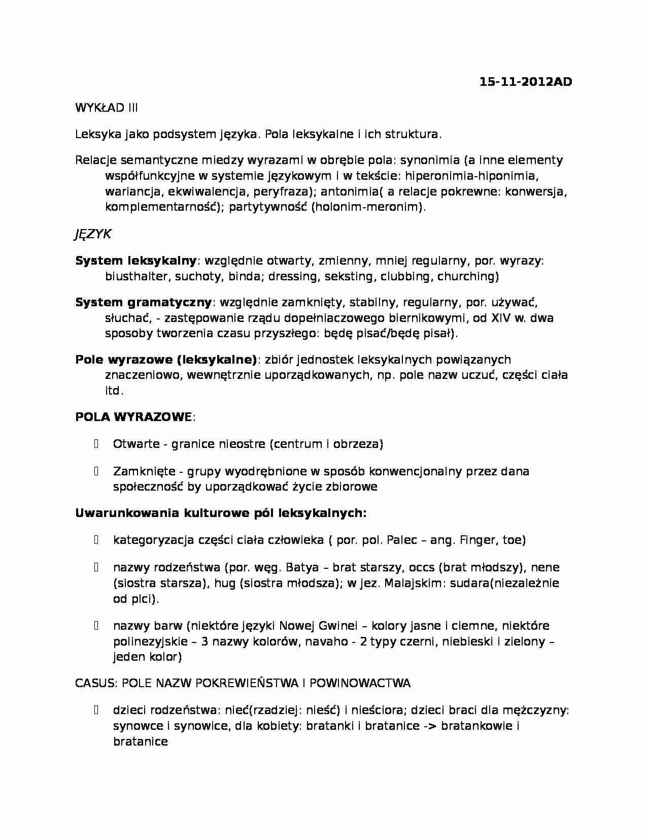 Leksyka jako podsystem języka. Pola leksykalne i ich struktura - notatki z wykładu - strona 1