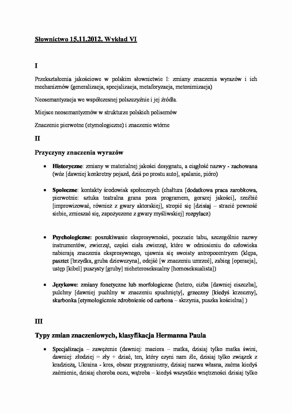 Przyczyzny znaczenia słownictwa - notatki z wykładu - strona 1