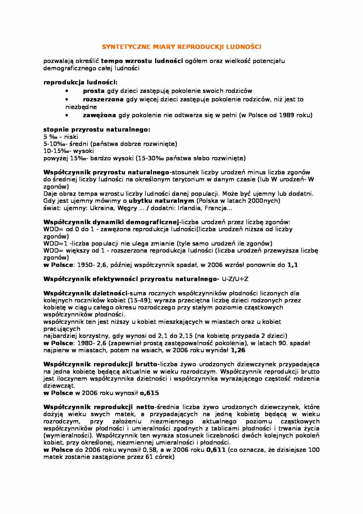 Wykład - syntetyczne miary reprodukcji ludności - strona 1