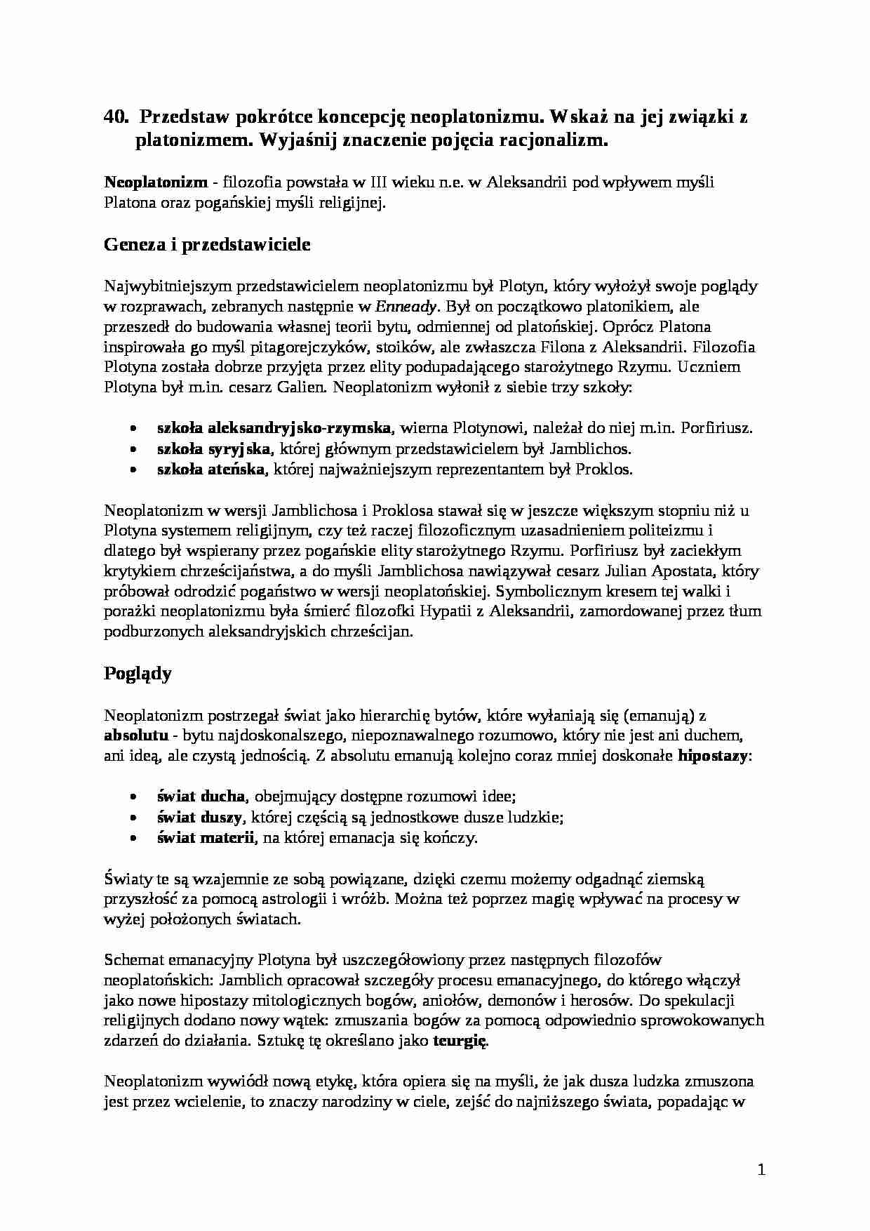 Opracowanie do egzaminu - Neoplatonizm - strona 1