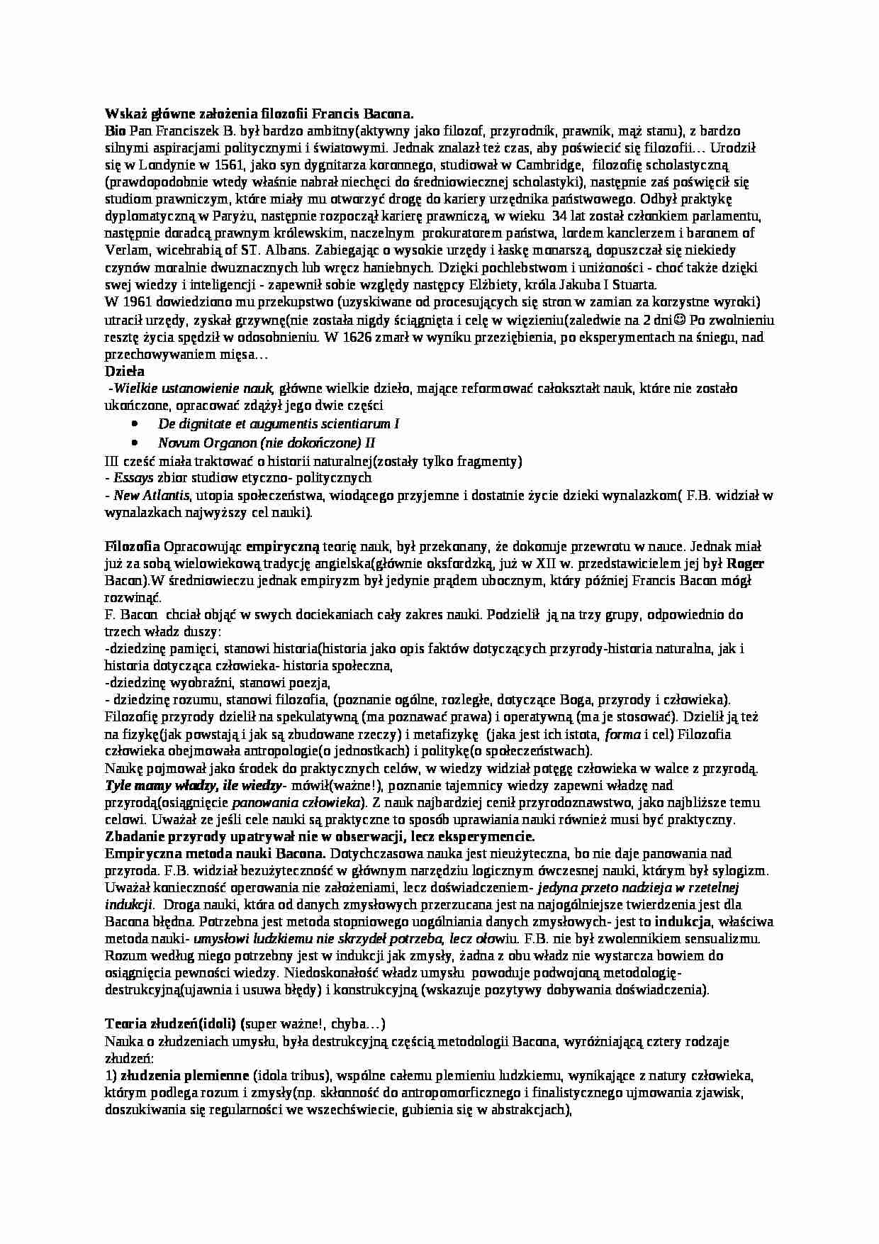 Wykład - główne założenia filozofii Francis Bacona - strona 1