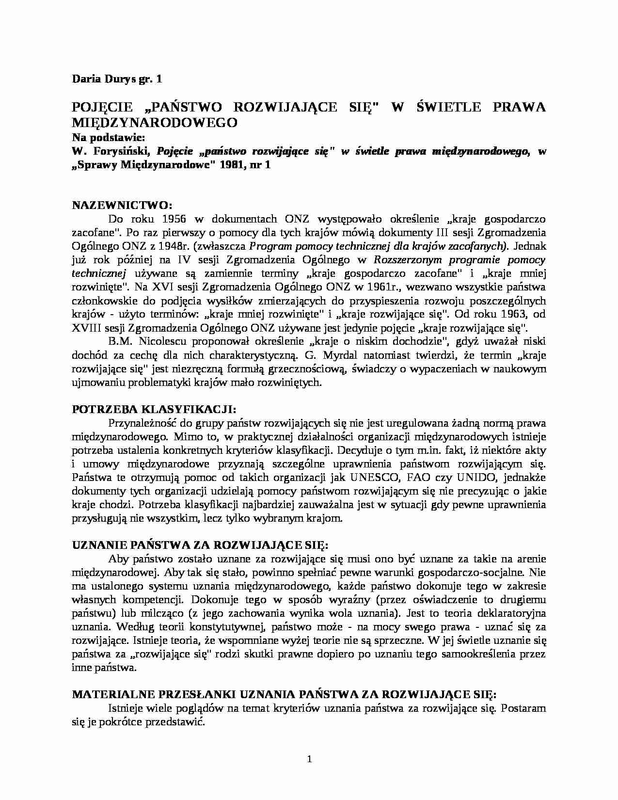 Referat - Państwa rozwijające się - Prawo międzynarodowe - strona 1