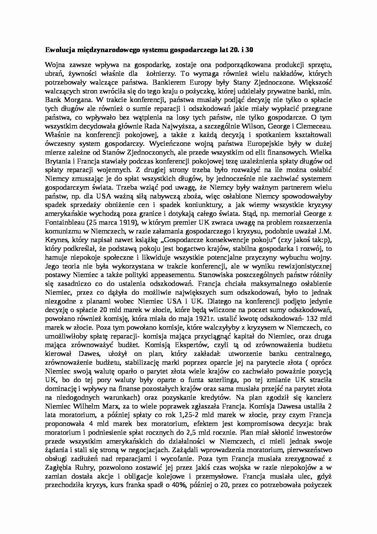 Wykład - Ewolucja międzynarodowego systemu gospodarczego lat 20 - strona 1
