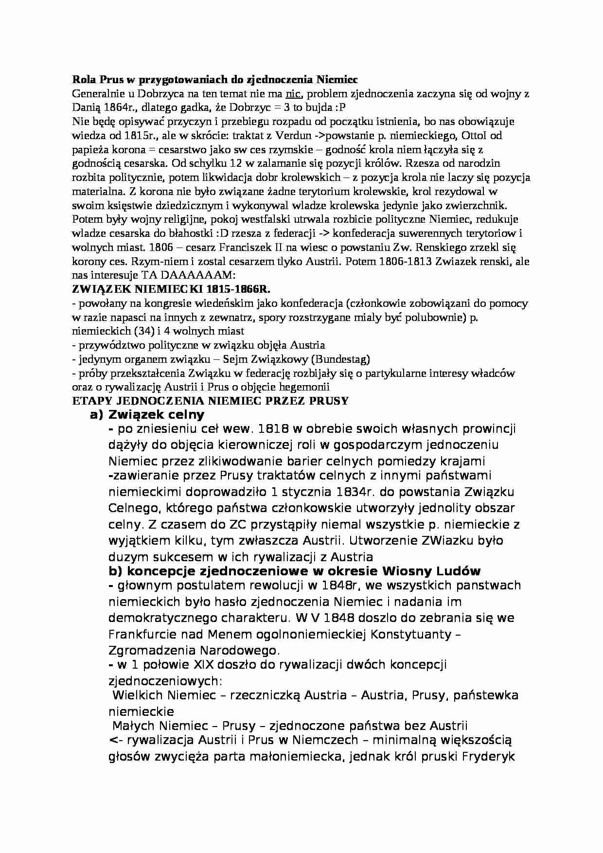 Wykład - Rola Prus w przygotowaniach do zjednoczenia Niemiec - strona 1