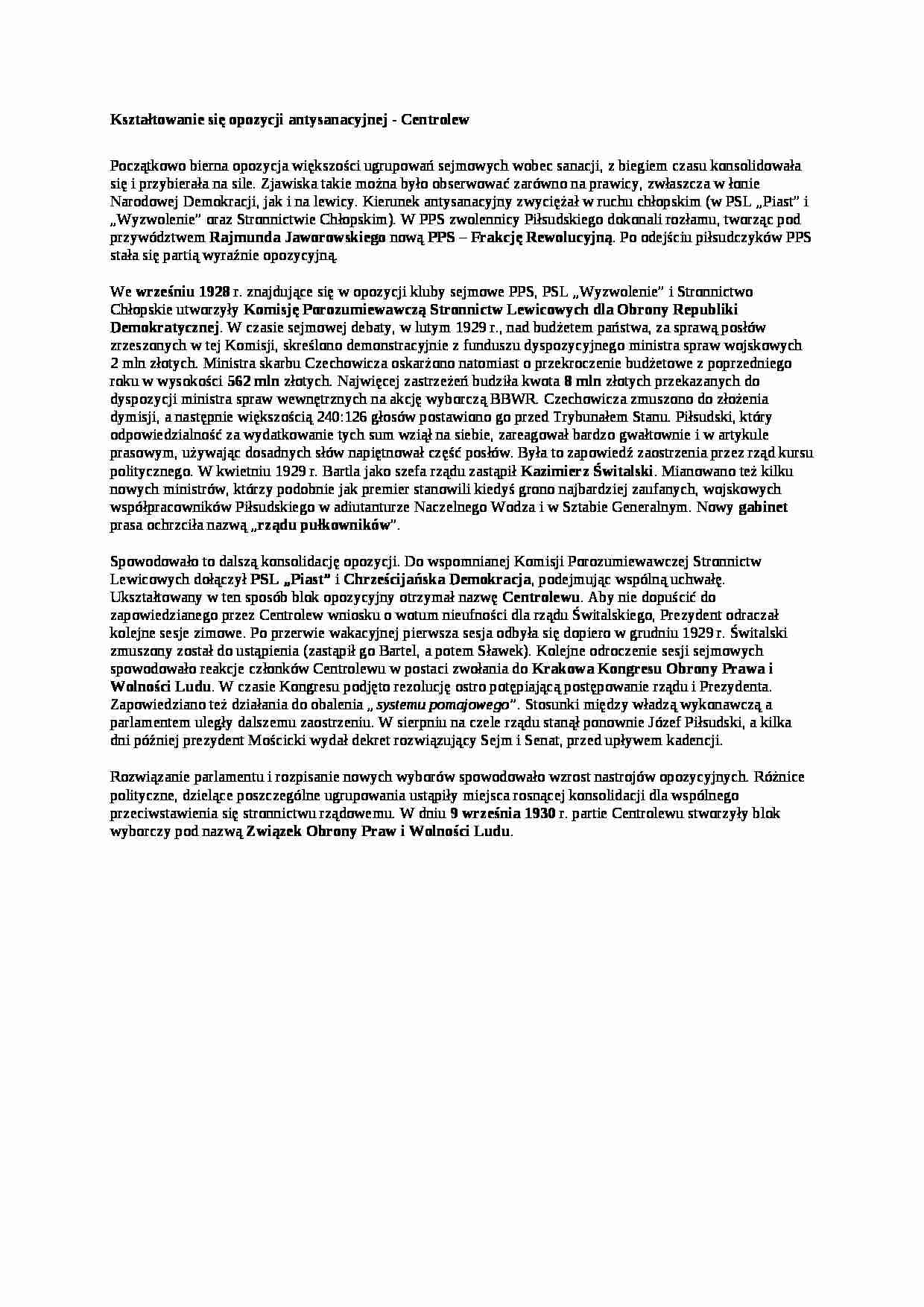 Wykład - Kształtowanie się opozycji antysanacyjnej - strona 1