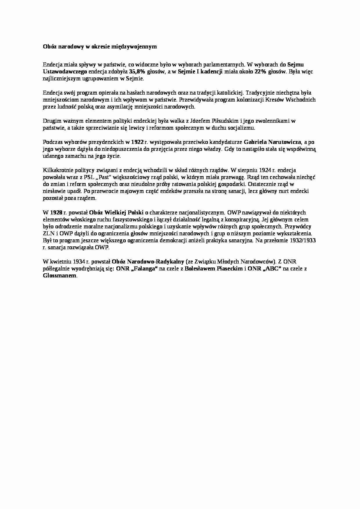 Wykład - Obóz narodowy w okresie międzywojennym - strona 1