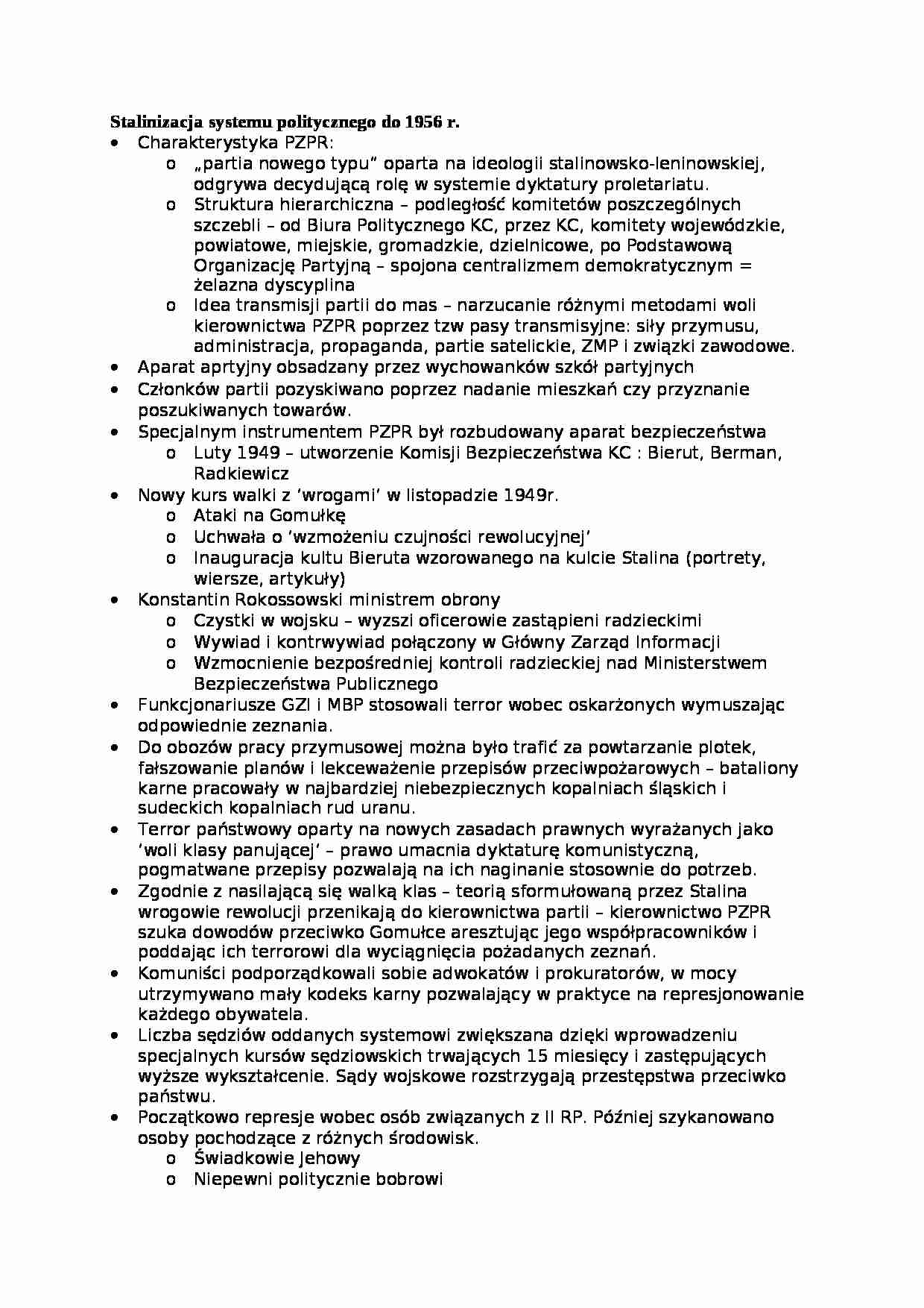 Wykład - Stalinizacja systemu politycznego do 1956 roku - strona 1
