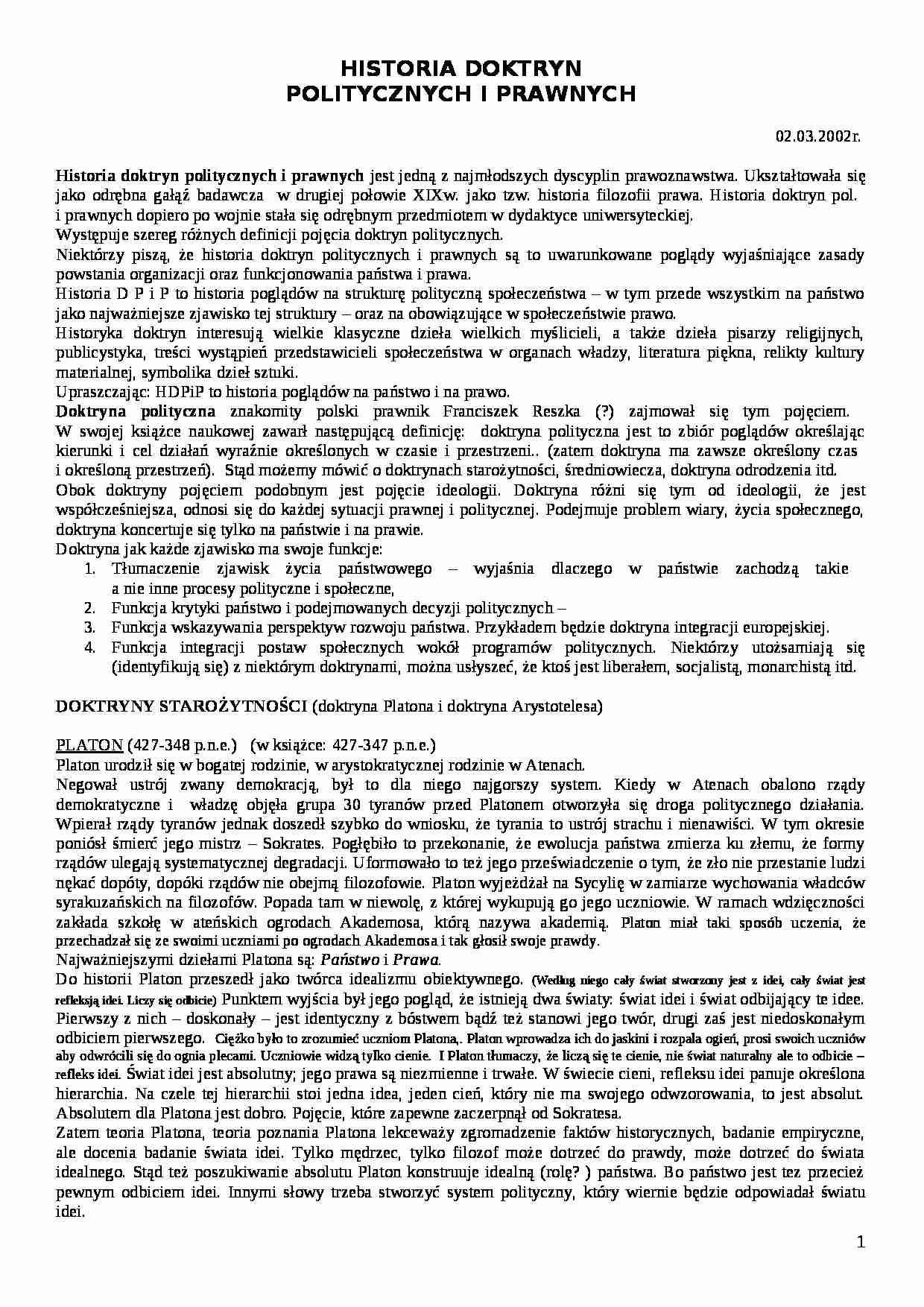 HISTORIA DOKTRYN POLITYCZNYCH I PRAWNYCH - Franciszek Reszka - strona 1