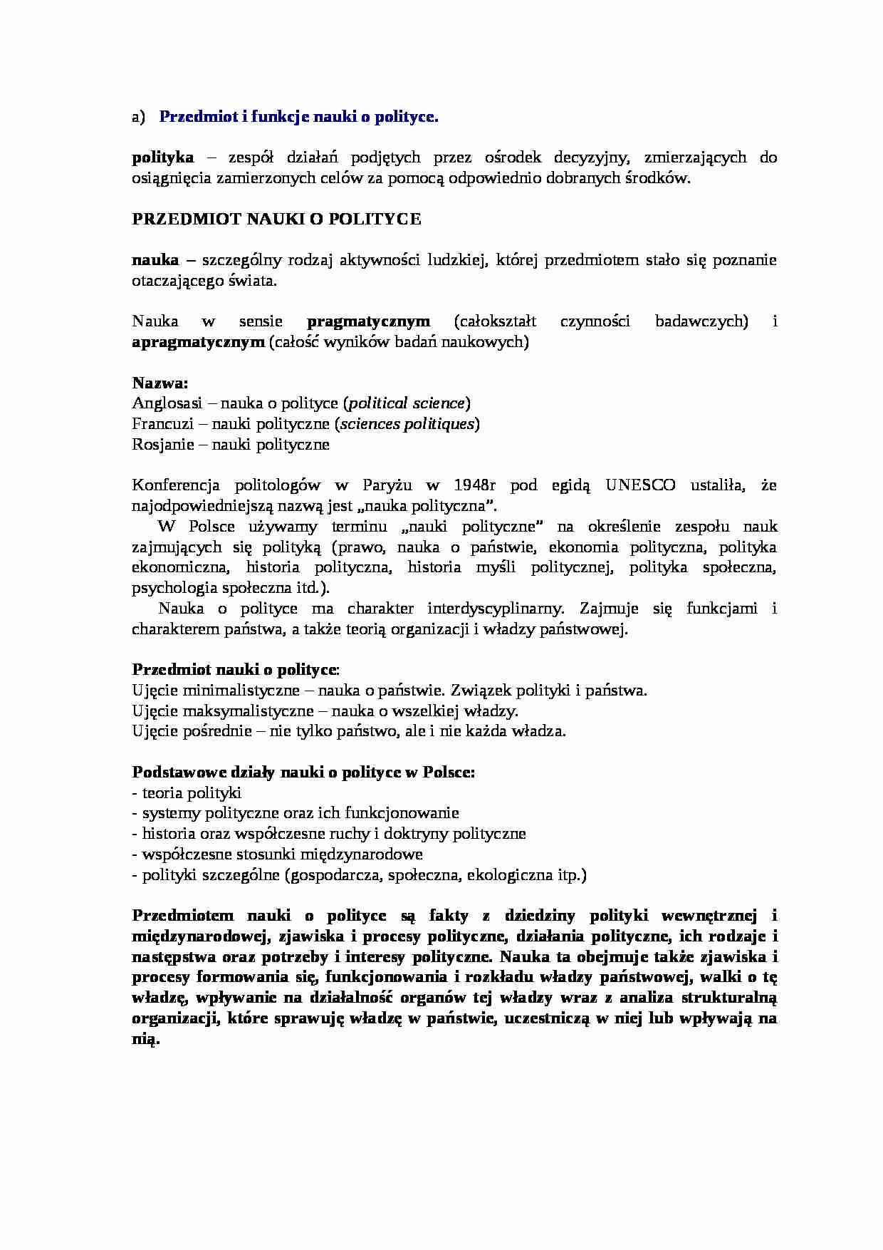 Wykład - Przedmiot i funkcje nauki o polityce - strona 1