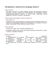 Zasady kwalifikacji na stopnia drugiego stopnia, Zarządzanie, Uniwersytet Warszawski, Warszawa.