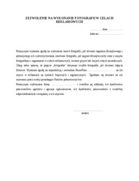 Zezwolenie na wykonanie fotografii w celach reklamowych
