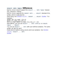 SELECT INTO TABLE Differences